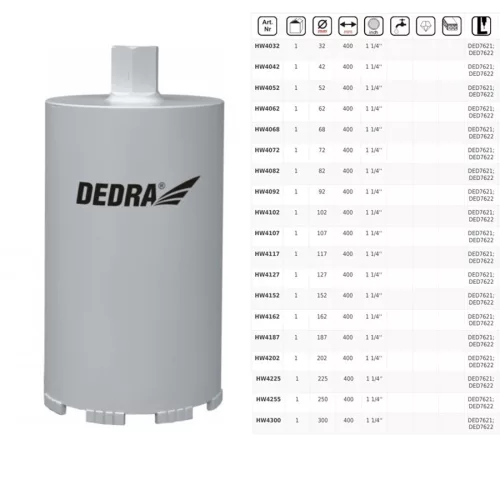 Dedra gyémánt koronafúró beton, kő, és burkolatok hossz.:400mm D 107 mm (hw4107)